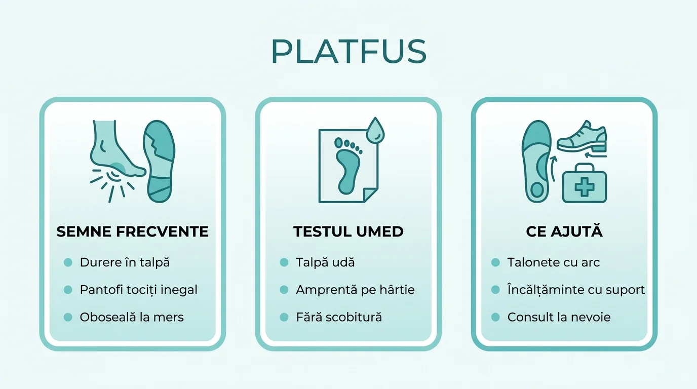 Infografic despre platfus la adulți, cu semnele frecvente, testul umed de acasă și soluțiile de sprijin.