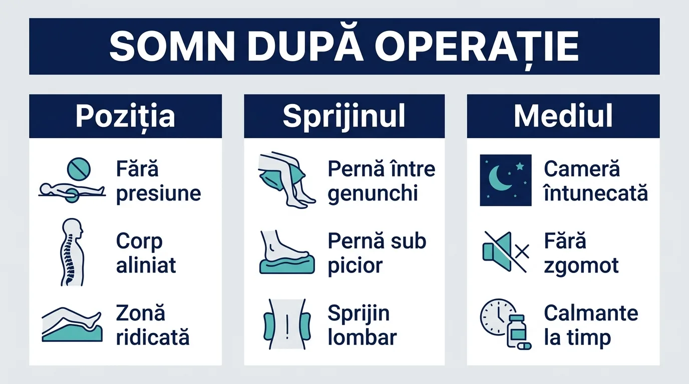 Infografic cu trei reguli pentru un somn odihnitor după o operație.