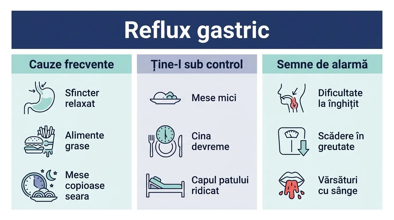 Infografic cu cauzele refluxului gastric, obiceiurile care îl țin sub control și semnele de alarmă.