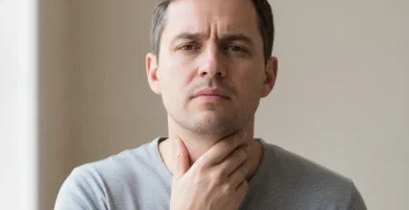 Bărbat care își atinge gâtul cu o expresie de disconfort, ilustrând iritația din refluxul silențios.