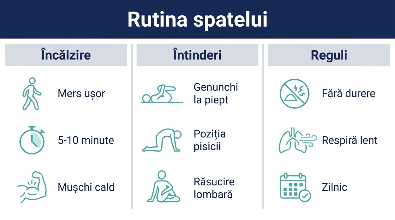 Infografic cu rutina zilnică de întindere pentru spate în trei etape.