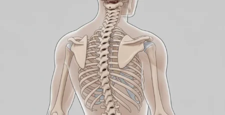 Spatele unui adult cu o ușoară curbură laterală a coloanei vertebrale, ilustrând scolioza.