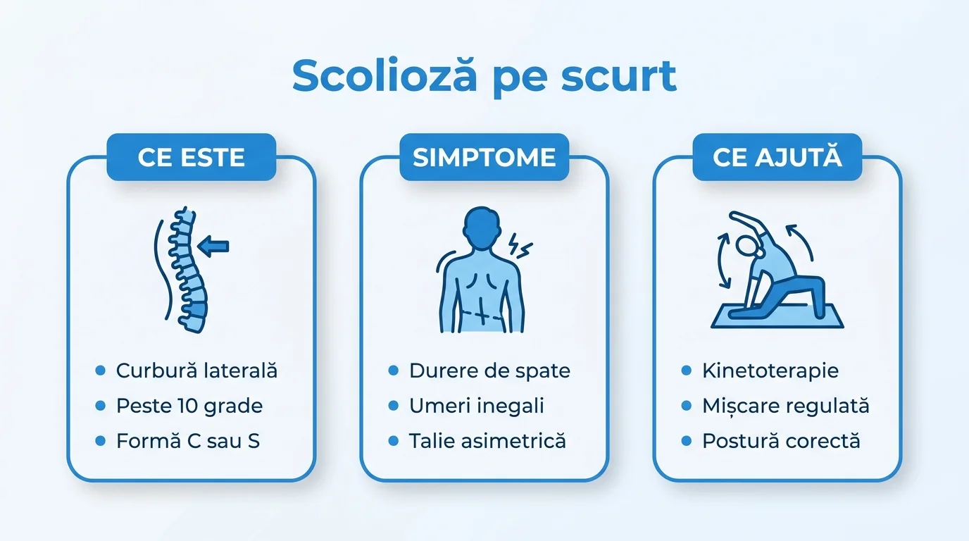 Infografic despre scolioza la adulți care rezumă ce este, ce simptome dă și ce o poate ameliora.