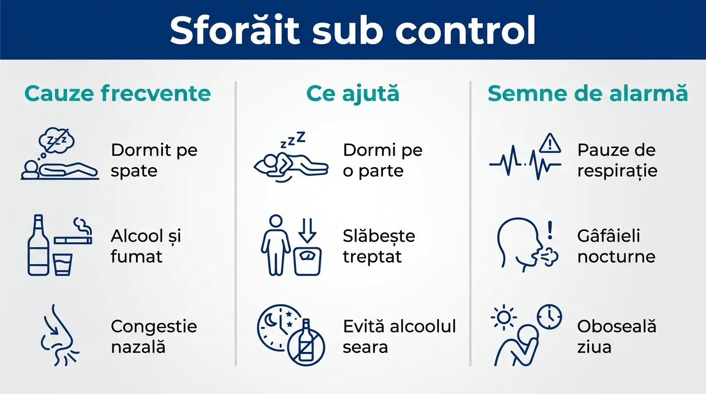 Infografic cu cauzele sforăitului, soluțiile care ajută și semnele de alarmă.