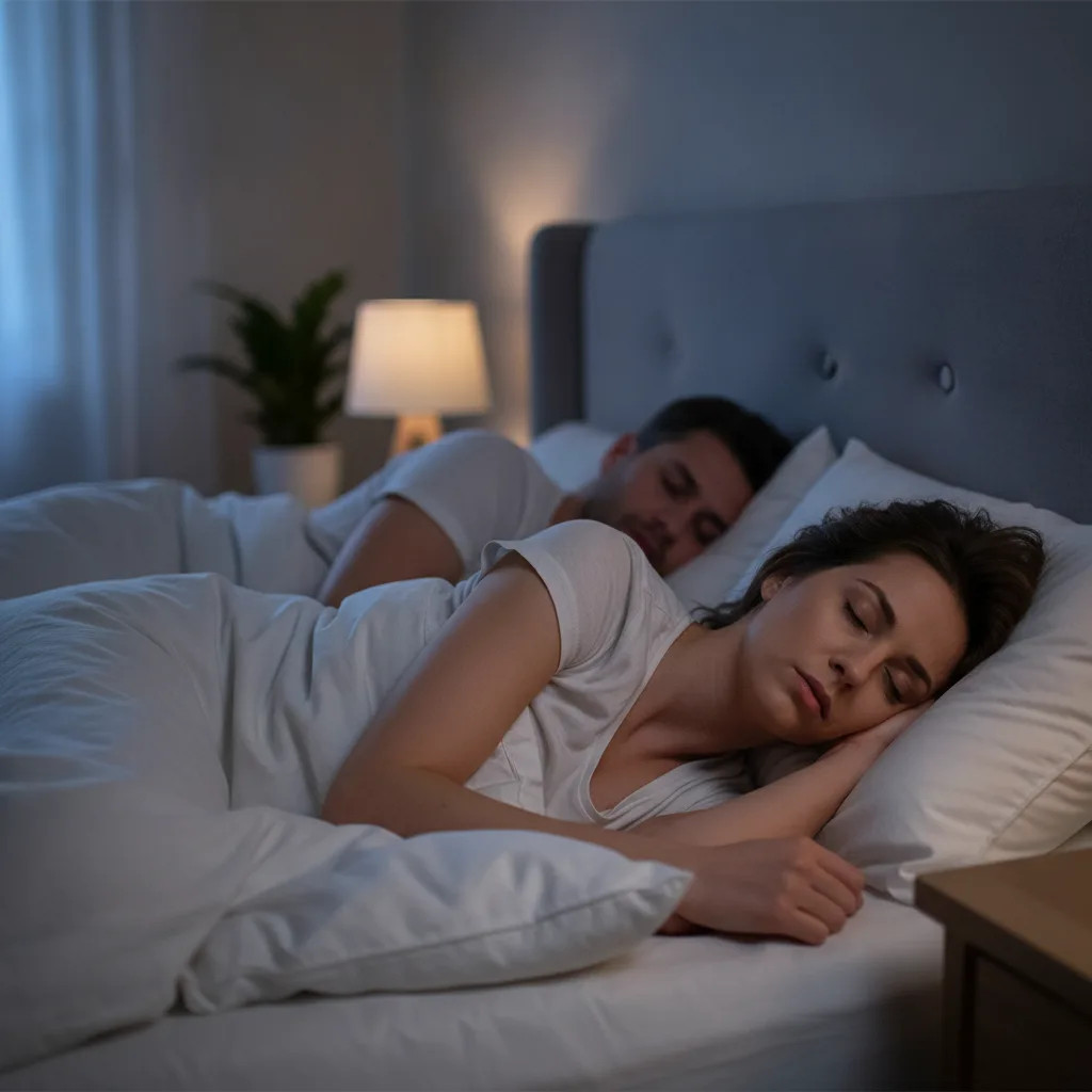 Femeie trează în pat lângă un partener care sforăie, deranjată de zgomotul din timpul nopții.
