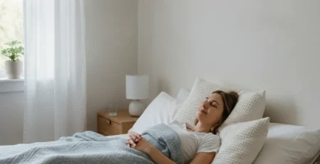 Persoană care se odihnește liniștită în pat, sprijinită cu perne, în timpul recuperării.