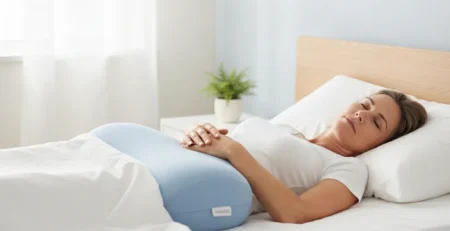 Pacient care doarme liniștit pe spate cu o pernă între picioare după operația de șold.