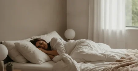 Persoană care doarme liniștit pe o parte, într-un pat confortabil.