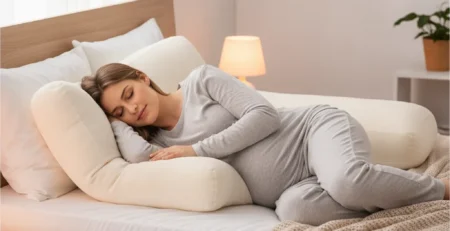 Femeie însărcinată care doarme confortabil pe partea stângă cu perne de sprijin.