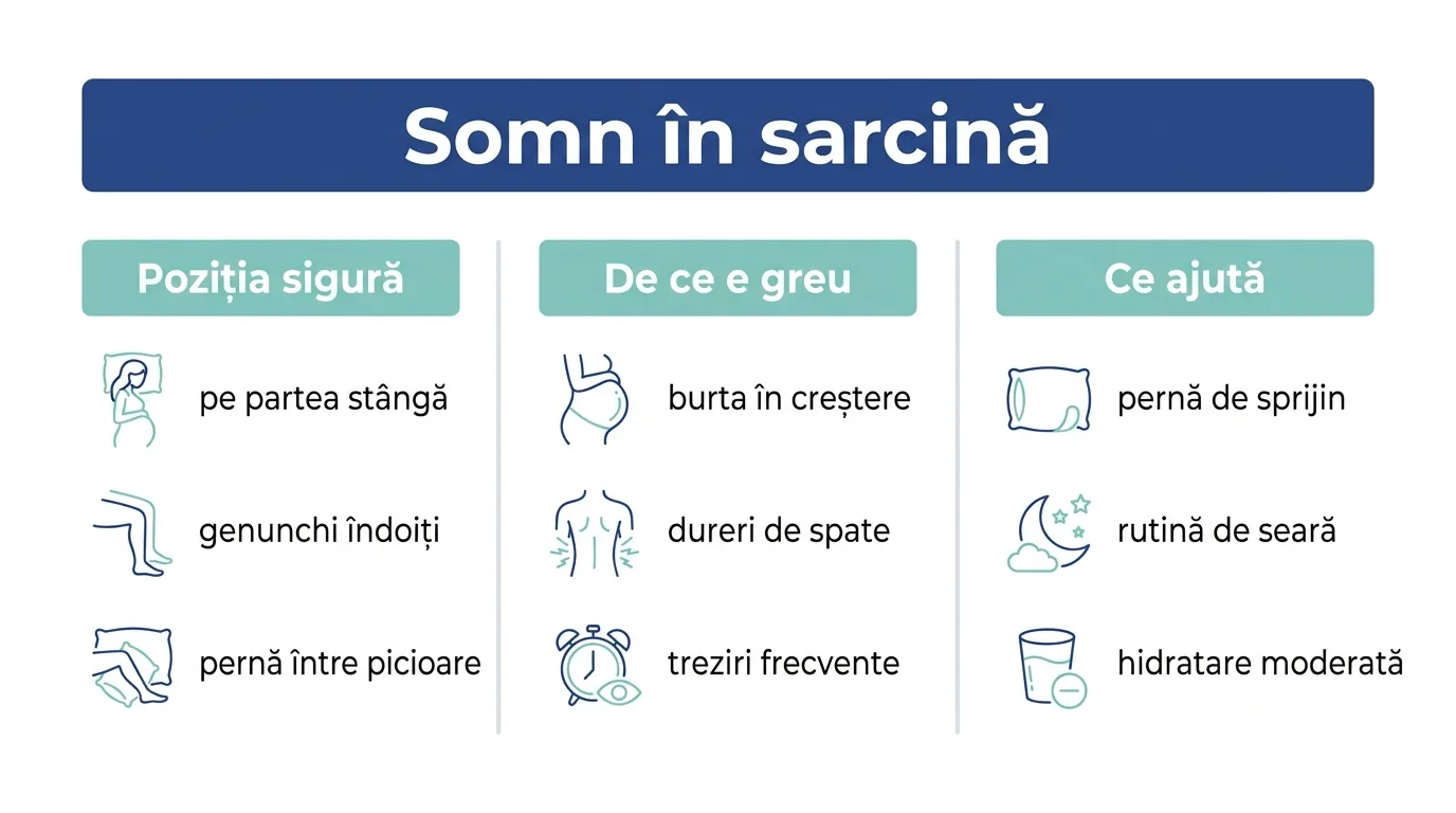 Infografic cu pozițiile de somn și pernele de sprijin recomandate în sarcină.