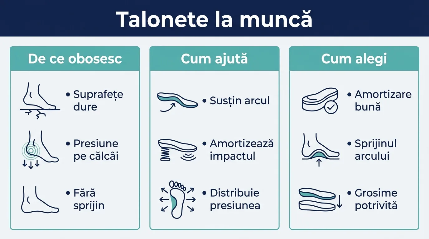 Infografic despre talonetele pentru pantofi de lucru, cum ajută și cum le alegi.