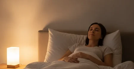 Persoană relaxată în pat, care respiră liniștit înainte de somn într-un dormitor întunecat.