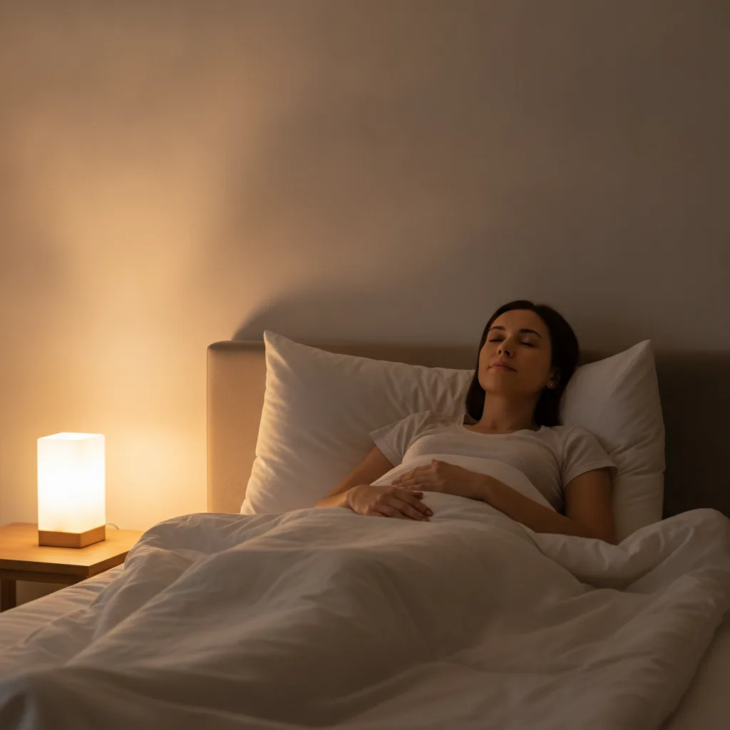 Persoană relaxată în pat, care respiră liniștit înainte de somn într-un dormitor întunecat.