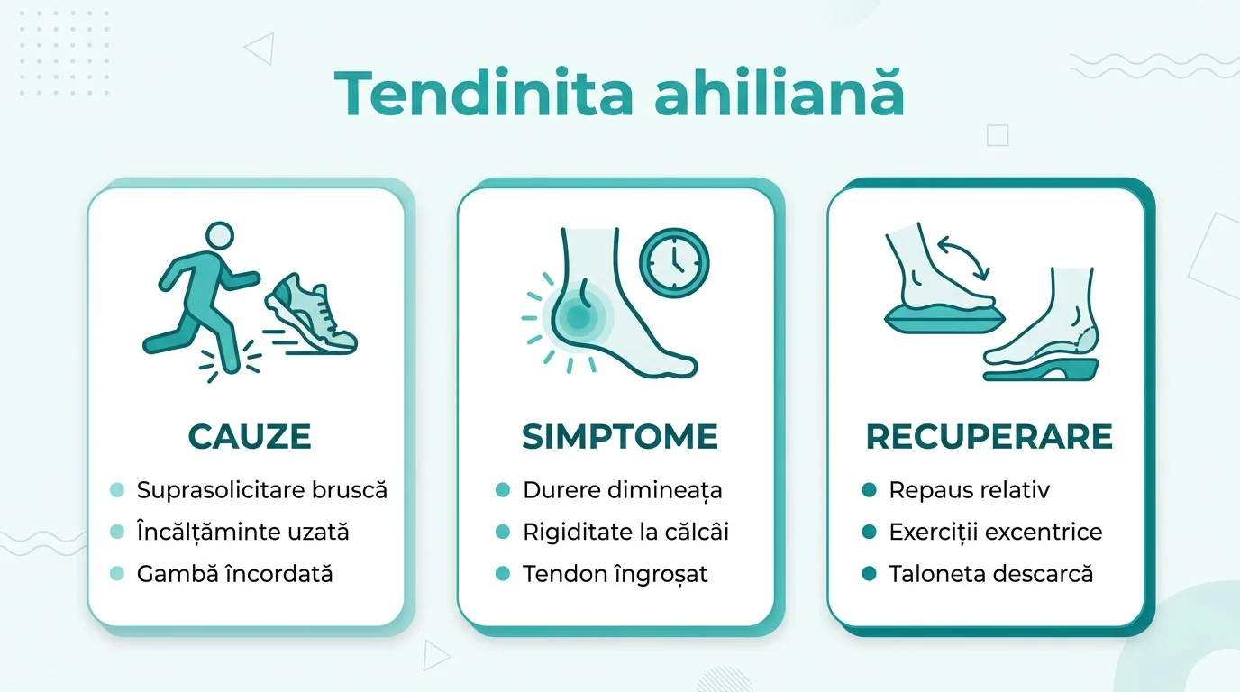 Infografic cu cauzele, simptomele și pașii de recuperare pentru tendinita ahiliană.