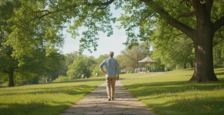 Persoană în vârstă care merge încet într-un parc, ținându-se de șold