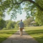Persoană în vârstă care merge încet într-un parc, ținându-se de șold
