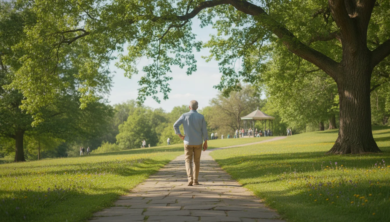 Persoană în vârstă care merge încet într-un parc, ținându-se de șold
