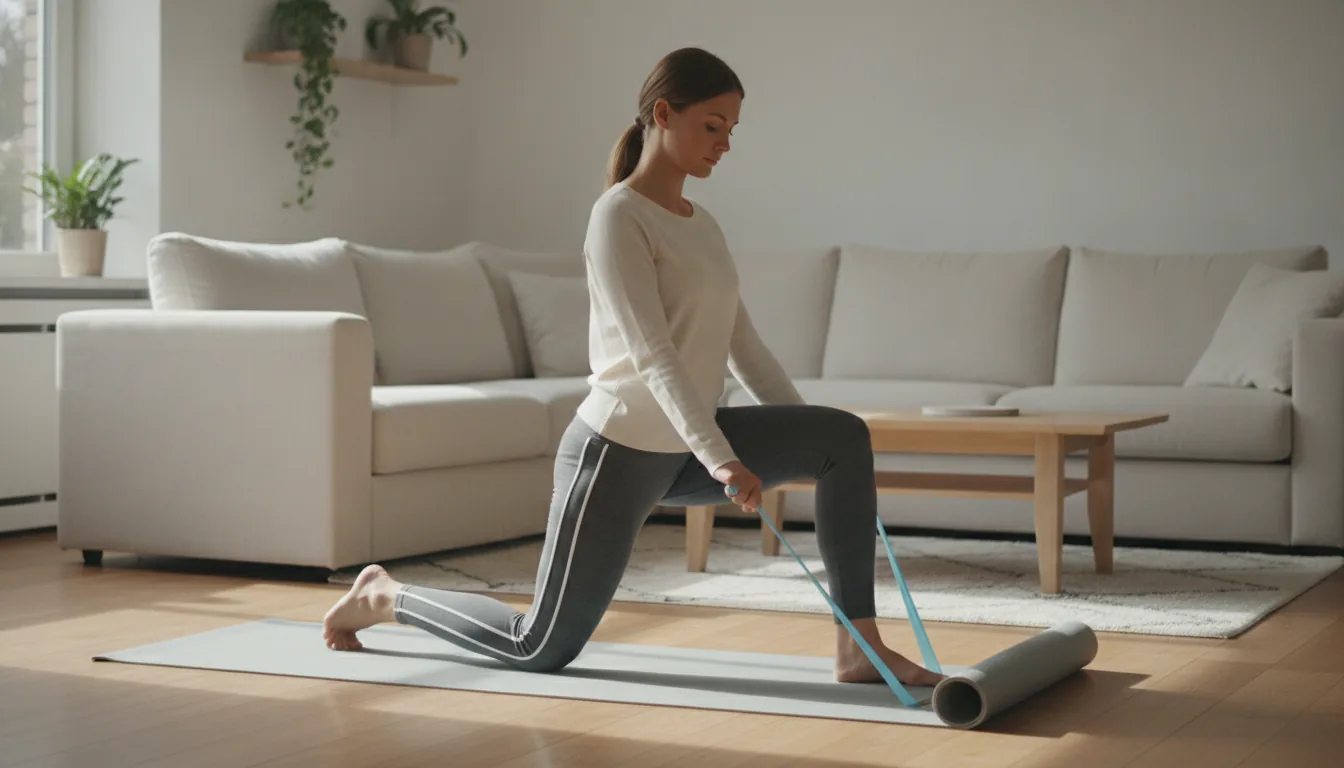 Femeie care face un exercițiu de întărire a coapsei acasă, pe un covoraș