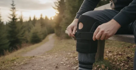Persoană care își fixează o genunchieră medicală înainte de o plimbare