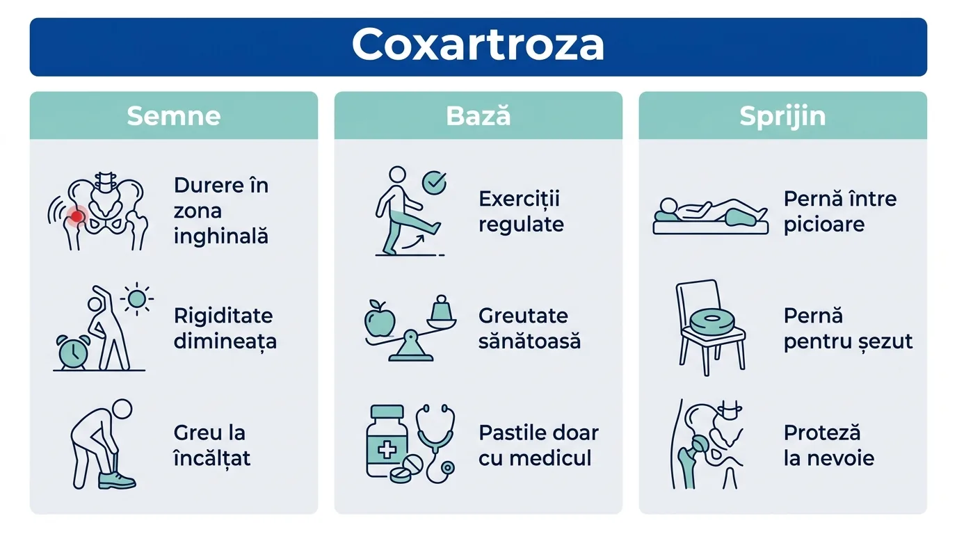 Infografic cu trei coloane despre semnele, baza tratamentului și sprijinul în coxartroză