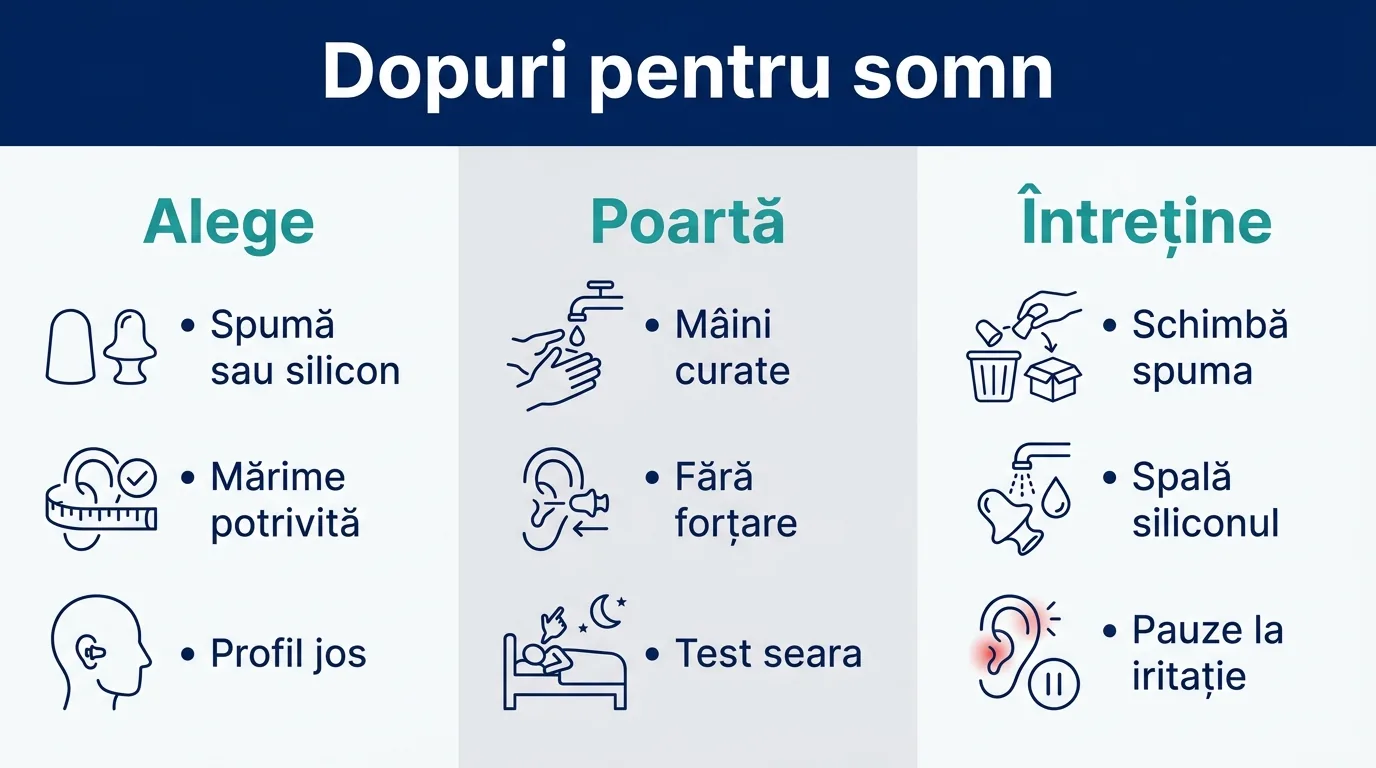 Infografic cu trei coloane despre alegerea, purtarea și întreținerea dopurilor de urechi pentru somn