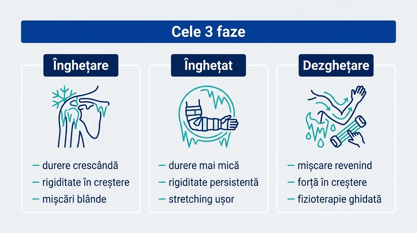 Infografic cu cele trei faze ale umărului înghețat și ce se potrivește în fiecare